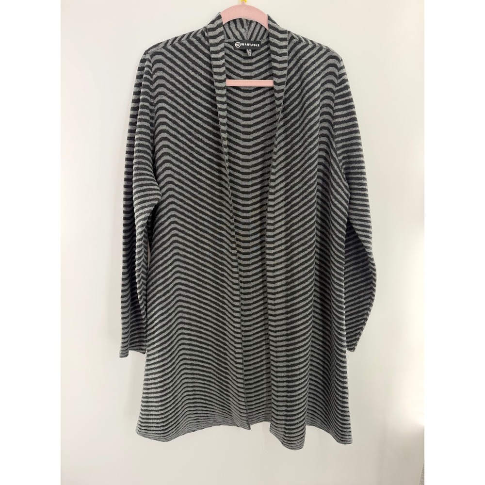 Wantable Womens Cardigan XL Grey Black Striped Open Front Wool Blend Longline